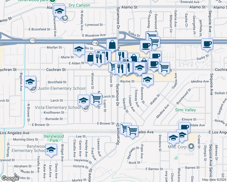 map of restaurants, bars, coffee shops, grocery stores, and more near 2250 Clover Street in Simi Valley