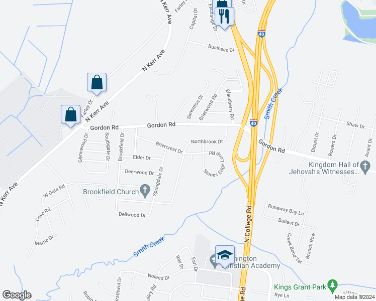 map of restaurants, bars, coffee shops, grocery stores, and more near 303 Briercrest Drive in Wilmington