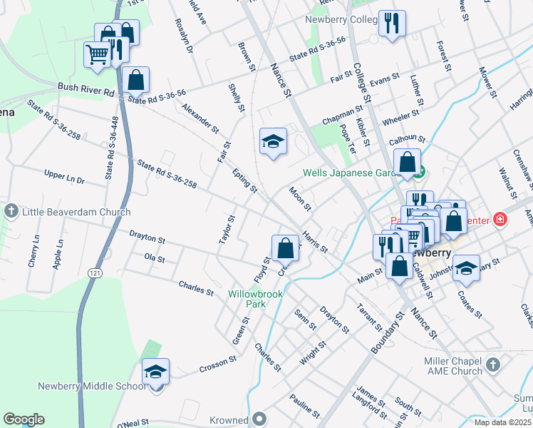 map of restaurants, bars, coffee shops, grocery stores, and more near 1718 Vincent Street in Newberry