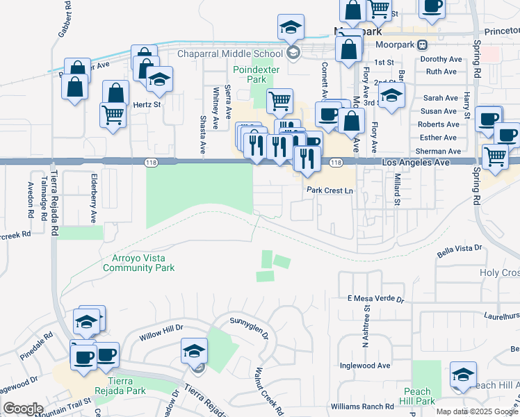 map of restaurants, bars, coffee shops, grocery stores, and more near 12412 Villa Campesina Avenue in Moorpark