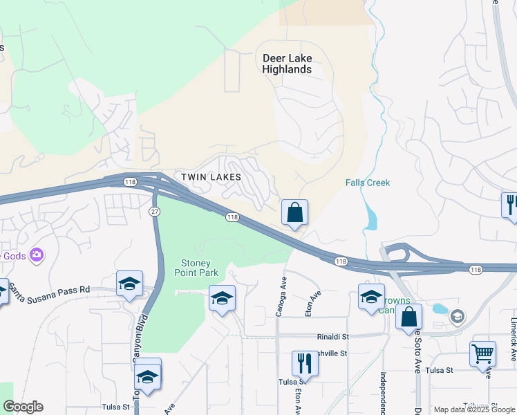 map of restaurants, bars, coffee shops, grocery stores, and more near 21410 Wahoo Trail in Los Angeles County