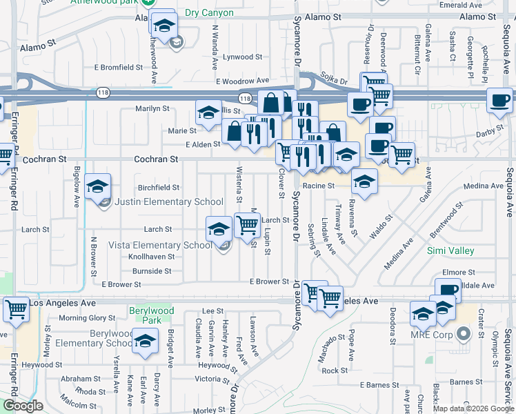 map of restaurants, bars, coffee shops, grocery stores, and more near 2250 Magnolia Street in Simi Valley