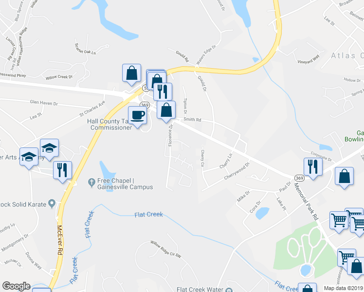 map of restaurants, bars, coffee shops, grocery stores, and more near 2846 Fox Bridge Court in Gainesville