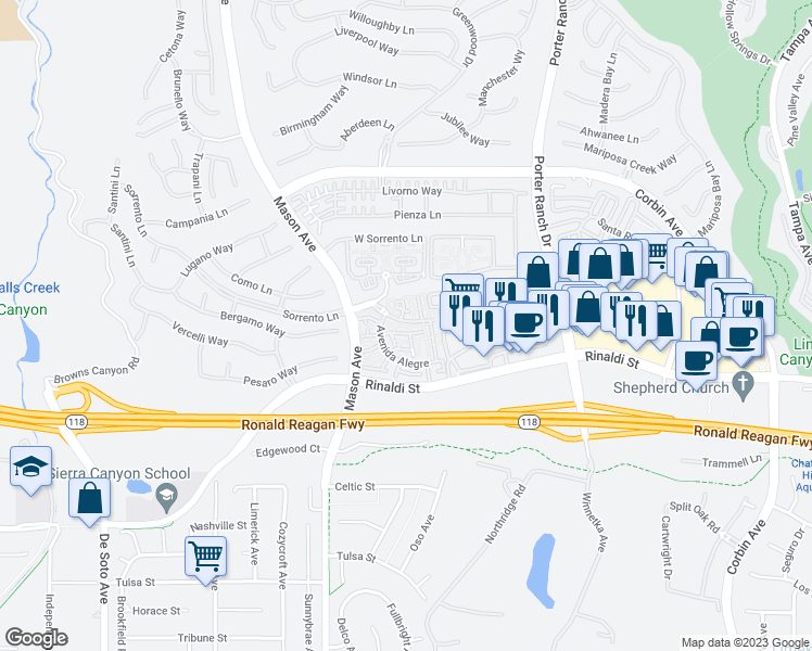 map of restaurants, bars, coffee shops, grocery stores, and more near 20309 Paseo Los Arcos in Los Angeles