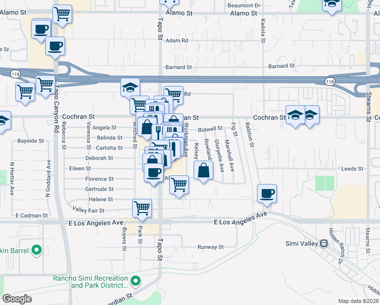 map of restaurants, bars, coffee shops, grocery stores, and more near 2299 Workman Avenue in Simi Valley