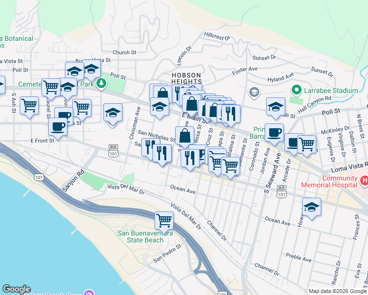 map of restaurants, bars, coffee shops, grocery stores, and more near 176 South Pacific Avenue in Ventura