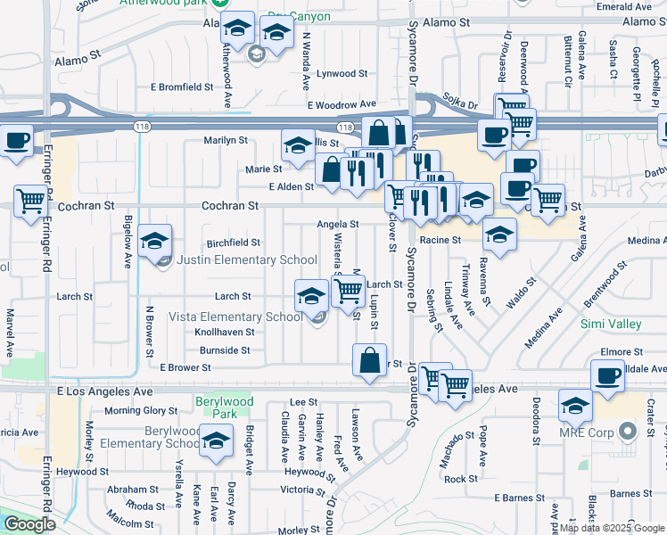 map of restaurants, bars, coffee shops, grocery stores, and more near 2271 Wisteria Street in Simi Valley