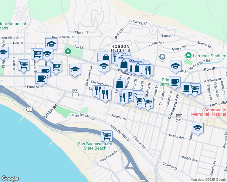 map of restaurants, bars, coffee shops, grocery stores, and more near 186 Hurst Avenue in Ventura