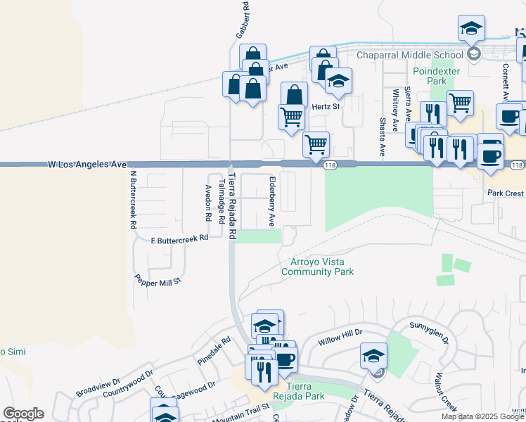 map of restaurants, bars, coffee shops, grocery stores, and more near 4766 Justin Court in Moorpark