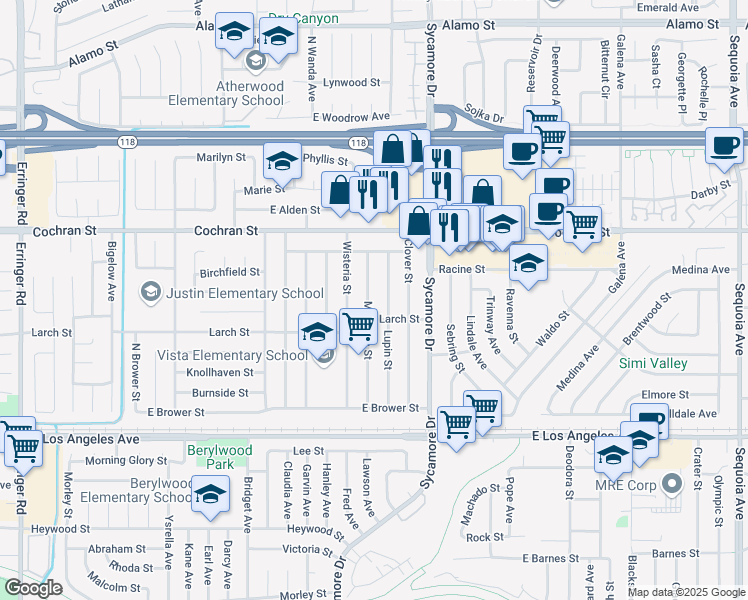 map of restaurants, bars, coffee shops, grocery stores, and more near 2250 Magnolia Street in Simi Valley