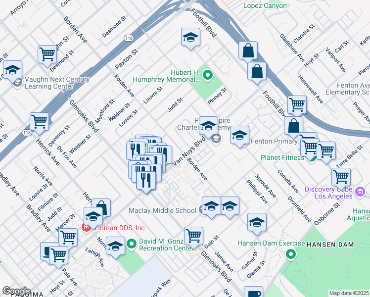 map of restaurants, bars, coffee shops, grocery stores, and more near 12627 Van Nuys Boulevard in Los Angeles