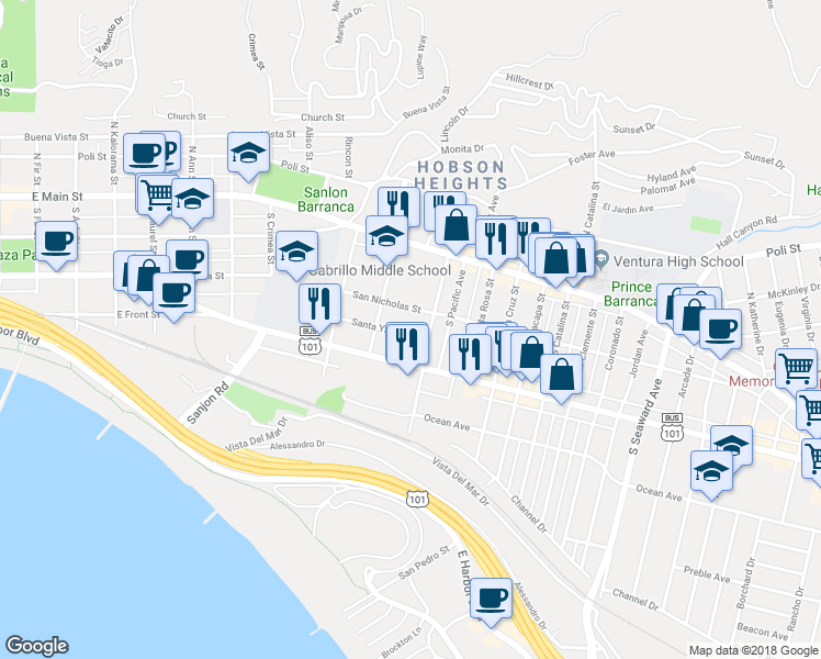map of restaurants, bars, coffee shops, grocery stores, and more near 1707 Santa Ynez Street in Ventura