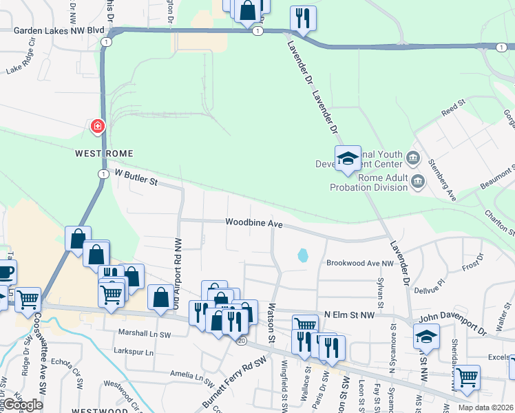 map of restaurants, bars, coffee shops, grocery stores, and more near 214 Maryland Drive in Rome