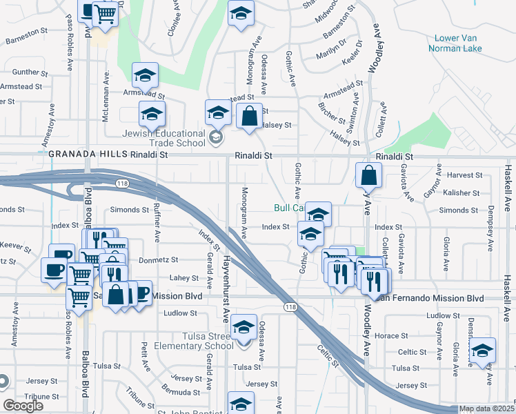 map of restaurants, bars, coffee shops, grocery stores, and more near 16509 Simonds Street in Los Angeles