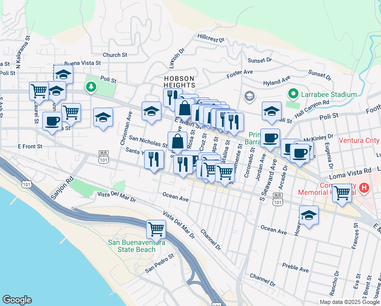 map of restaurants, bars, coffee shops, grocery stores, and more near 156 South Santa Rosa Street in Ventura