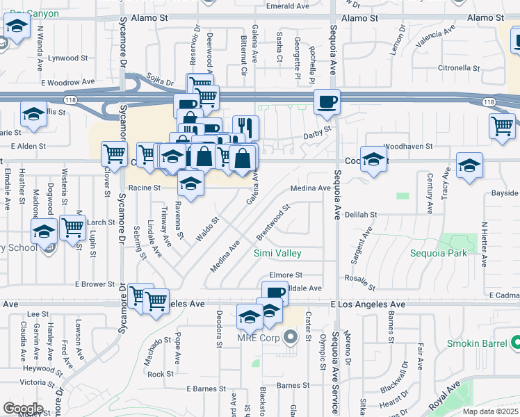 map of restaurants, bars, coffee shops, grocery stores, and more near 2261 Medina Avenue in Simi Valley