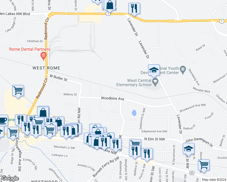 map of restaurants, bars, coffee shops, grocery stores, and more near 216 Maryland Drive in Rome