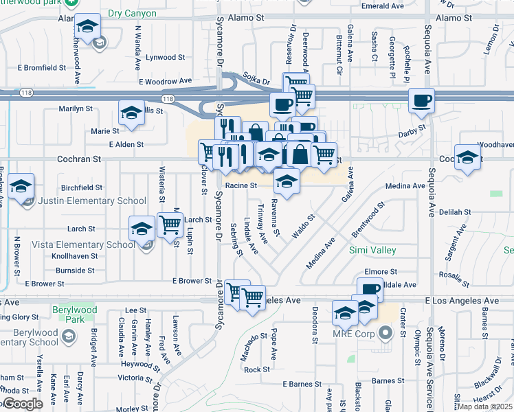 map of restaurants, bars, coffee shops, grocery stores, and more near 2287 Trinway Avenue in Simi Valley