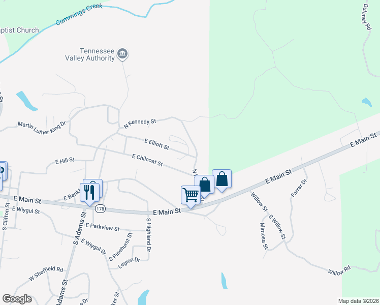 map of restaurants, bars, coffee shops, grocery stores, and more near 618 East Elliott Street in Fulton