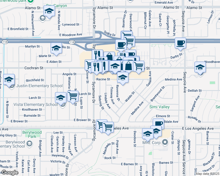 map of restaurants, bars, coffee shops, grocery stores, and more near 2287 Trinway Avenue in Simi Valley