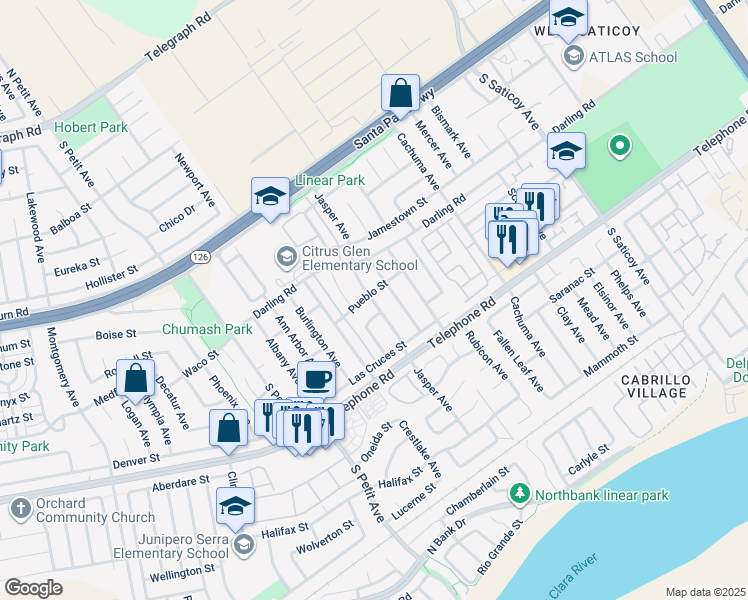 map of restaurants, bars, coffee shops, grocery stores, and more near in Ventura