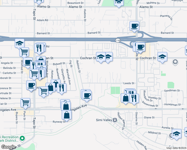map of restaurants, bars, coffee shops, grocery stores, and more near 4827 Leeds Street in Simi Valley