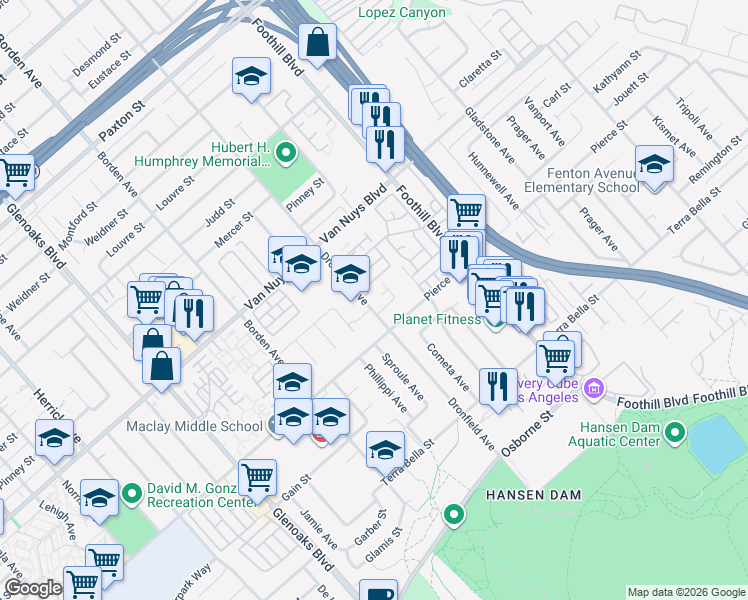 map of restaurants, bars, coffee shops, grocery stores, and more near 11338 Dronfield Avenue in Los Angeles
