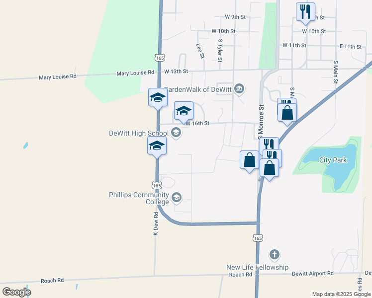 map of restaurants, bars, coffee shops, grocery stores, and more near 1614 South Grandview Drive in DeWitt
