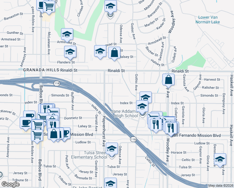 map of restaurants, bars, coffee shops, grocery stores, and more near 16515 Simonds Street in Los Angeles