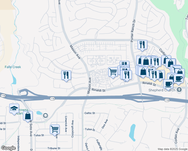 map of restaurants, bars, coffee shops, grocery stores, and more near 20422 Paseo Azul in Los Angeles