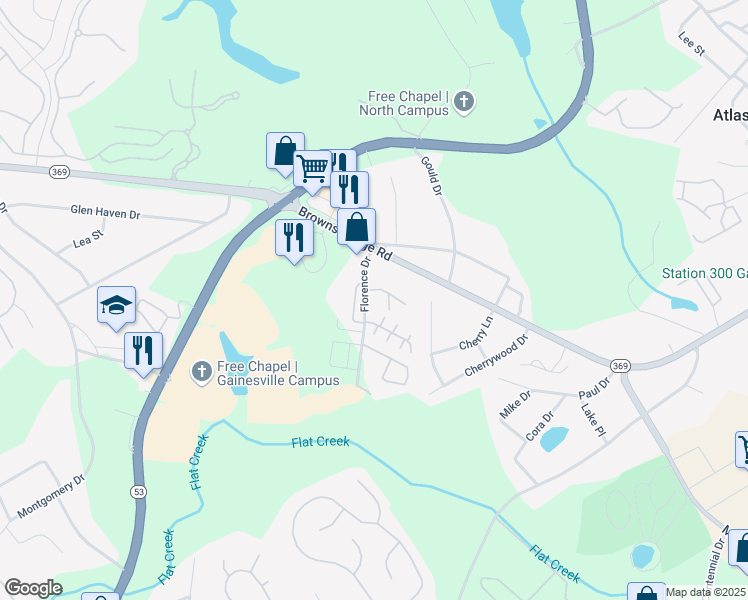 map of restaurants, bars, coffee shops, grocery stores, and more near 2827 Florence Drive in Gainesville