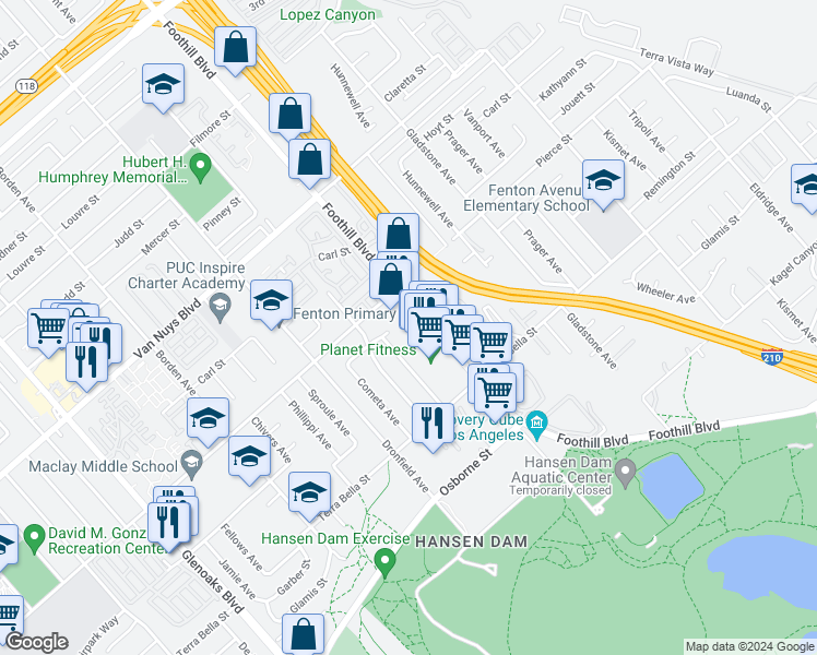 map of restaurants, bars, coffee shops, grocery stores, and more near 11996 Foothill Boulevard in Los Angeles