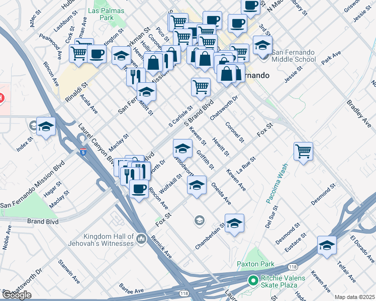 map of restaurants, bars, coffee shops, grocery stores, and more near 732 Mott Street in San Fernando