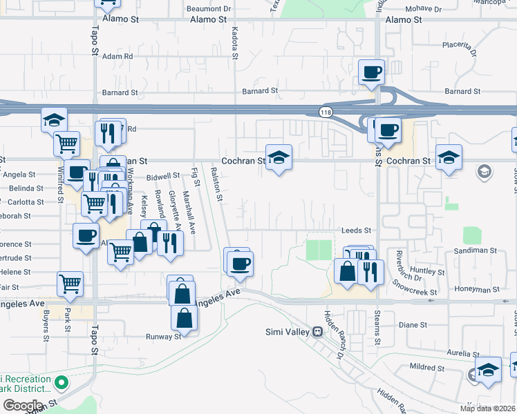 map of restaurants, bars, coffee shops, grocery stores, and more near 4827 Leeds Street in Simi Valley