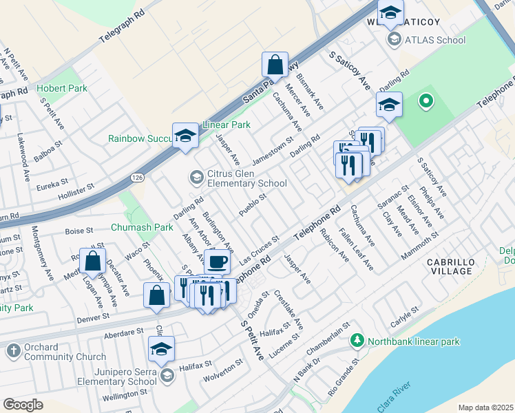 map of restaurants, bars, coffee shops, grocery stores, and more near in Ventura