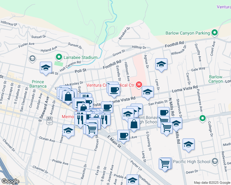 map of restaurants, bars, coffee shops, grocery stores, and more near 238 North Dos Caminos Avenue in Ventura