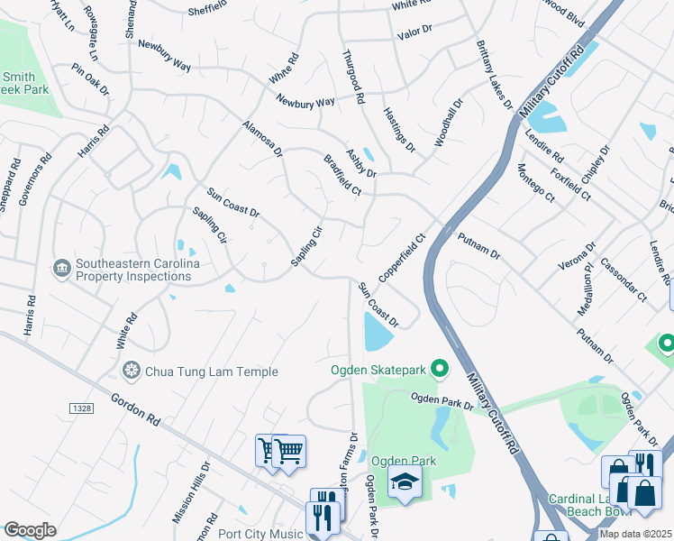 map of restaurants, bars, coffee shops, grocery stores, and more near 5415-5431 Sun Coast Drive in Wilmington
