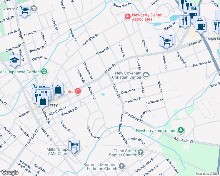 map of restaurants, bars, coffee shops, grocery stores, and more near 911 Glenn Street in Newberry