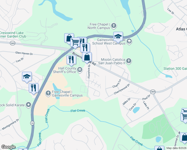 map of restaurants, bars, coffee shops, grocery stores, and more near 2846 Fox Bridge Court in Gainesville