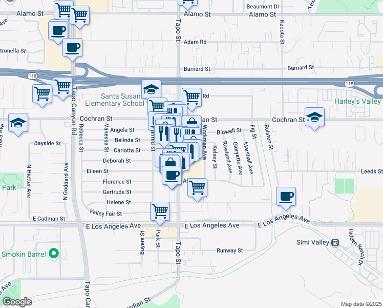 map of restaurants, bars, coffee shops, grocery stores, and more near 2248 Tapo Street in Simi Valley