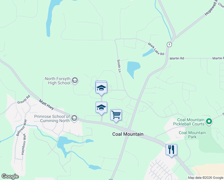 map of restaurants, bars, coffee shops, grocery stores, and more near 3660 Wofford Drive in Cumming