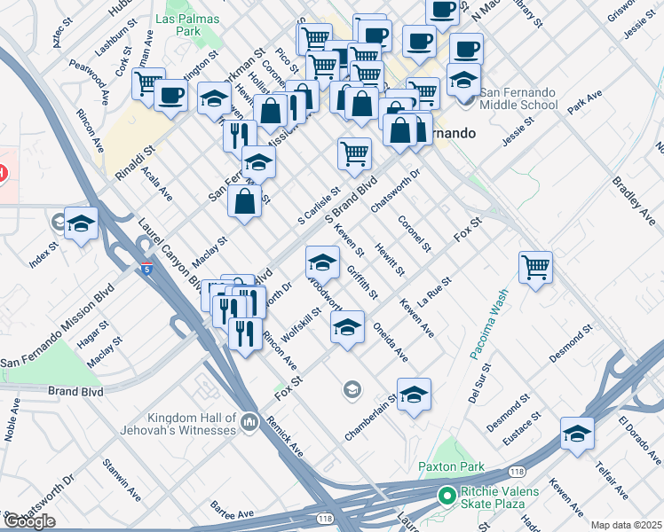 map of restaurants, bars, coffee shops, grocery stores, and more near 732 Mott Street in San Fernando
