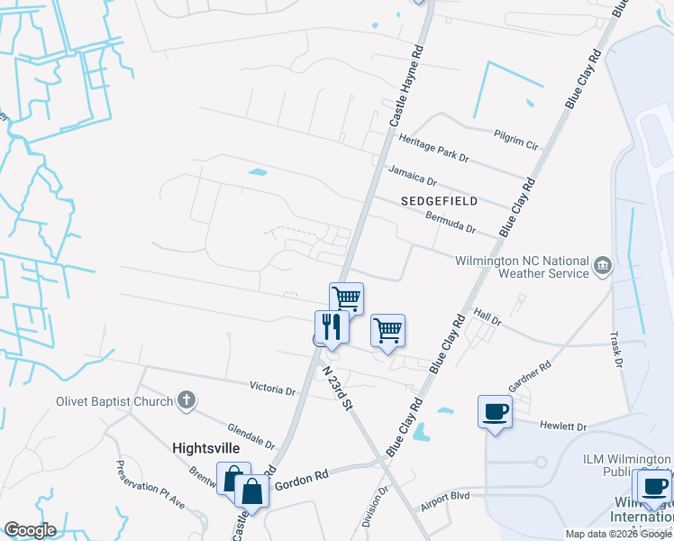 map of restaurants, bars, coffee shops, grocery stores, and more near 2017 Castle Hayne Road in Wilmington
