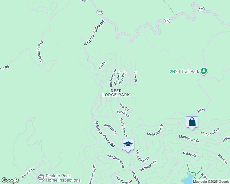 map of restaurants, bars, coffee shops, grocery stores, and more near Deer Way in Lake Arrowhead