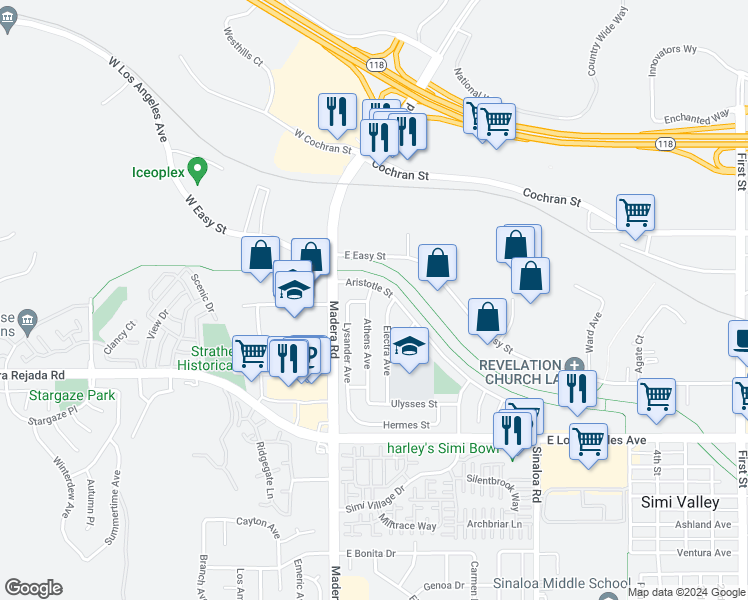 map of restaurants, bars, coffee shops, grocery stores, and more near 2284 Athens Avenue in Simi Valley