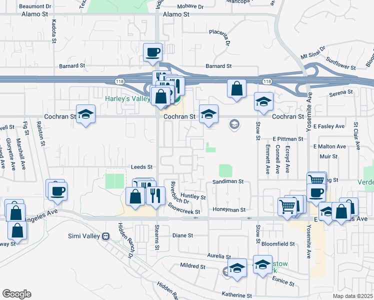 map of restaurants, bars, coffee shops, grocery stores, and more near 5358 Birchcroft Street in Simi Valley