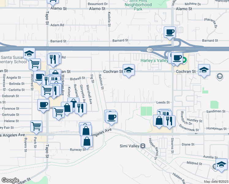 map of restaurants, bars, coffee shops, grocery stores, and more near 4827 Leeds Street in Simi Valley