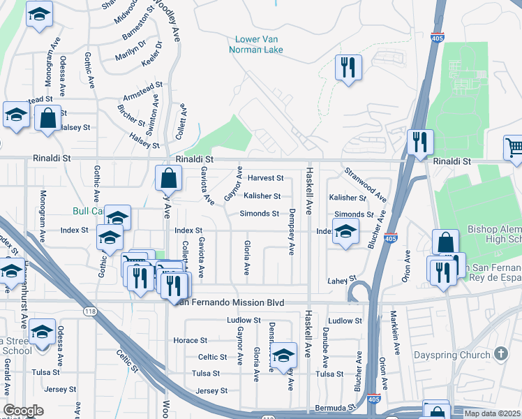 map of restaurants, bars, coffee shops, grocery stores, and more near 15921 Simonds Street in Los Angeles