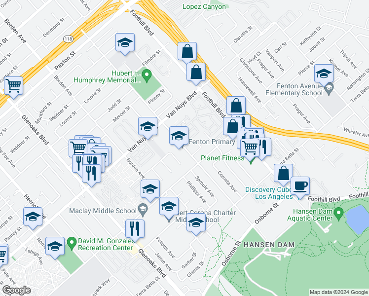 map of restaurants, bars, coffee shops, grocery stores, and more near 11351 Dronfield Avenue in Los Angeles