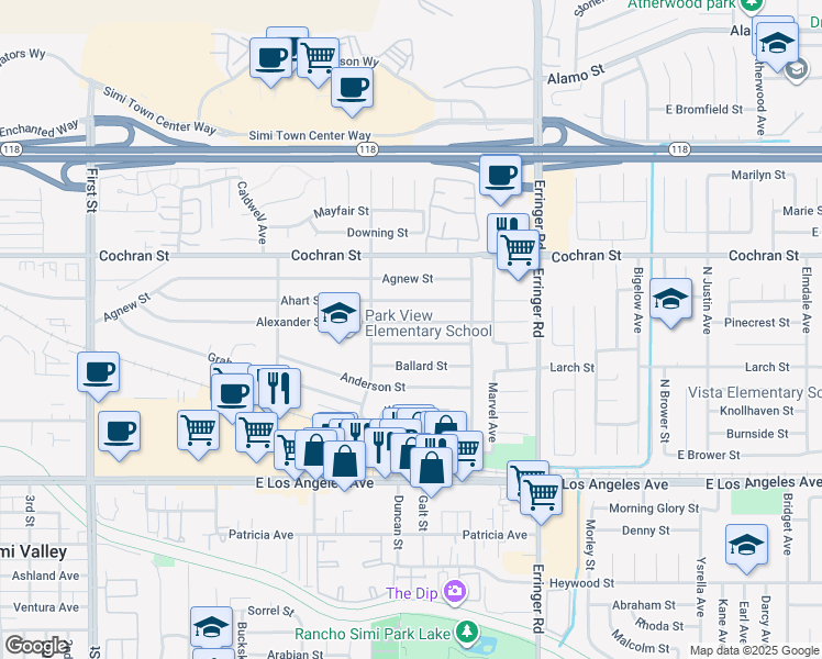 map of restaurants, bars, coffee shops, grocery stores, and more near 1676 Alexander Street in Simi Valley
